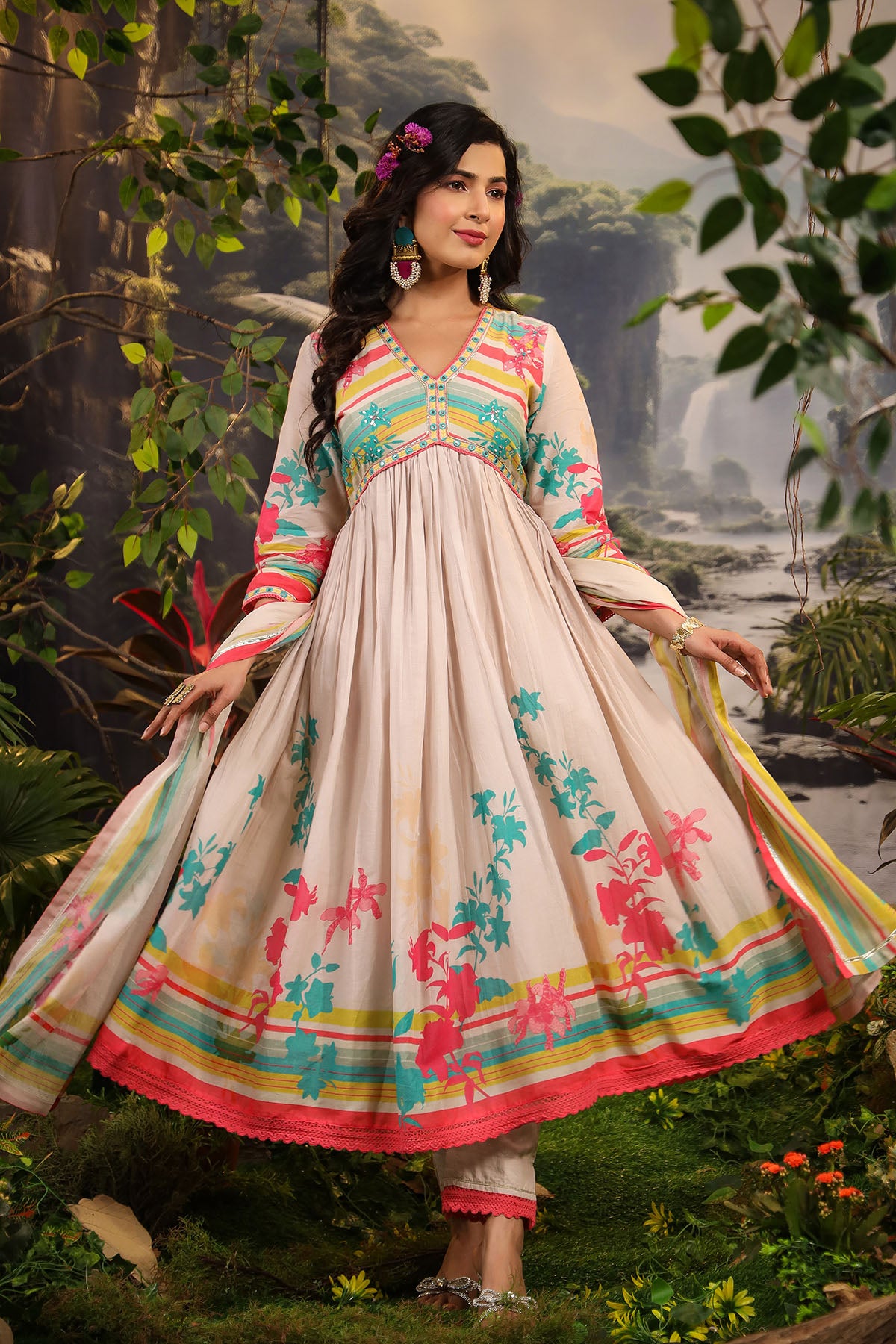 Ivory Floral Cotton Printed Anarkali Suit
