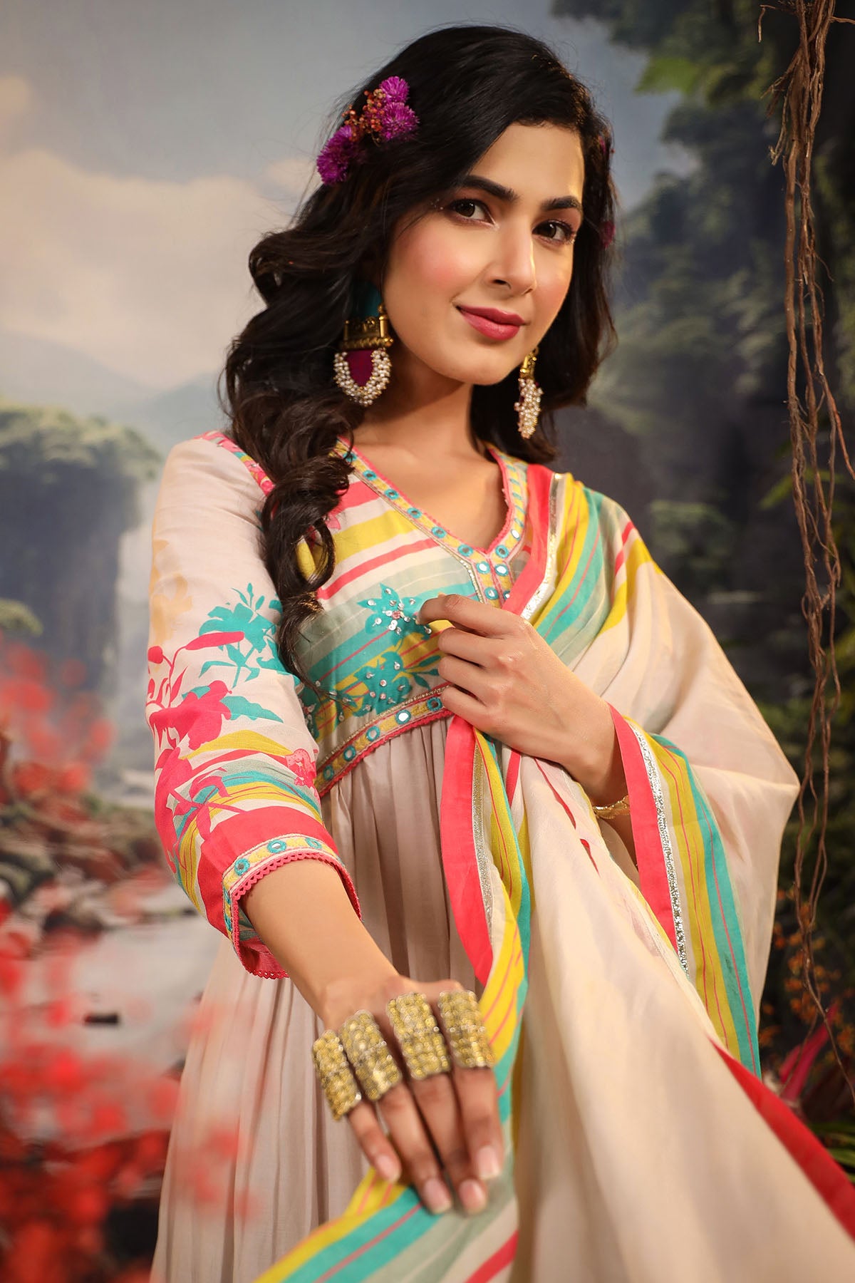 Ivory Floral Cotton Printed Anarkali Suit