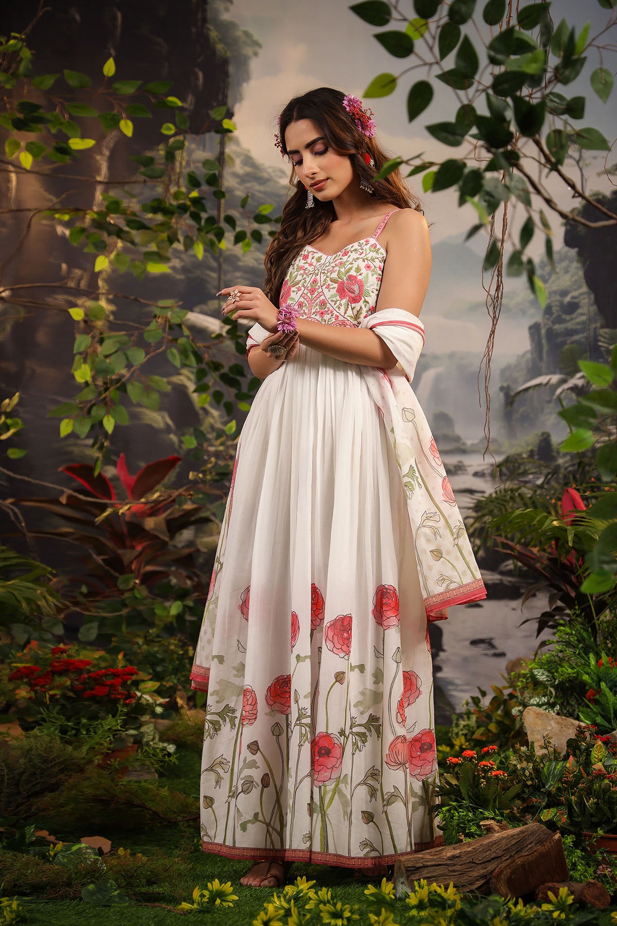 White Floral Cotton Gown Set