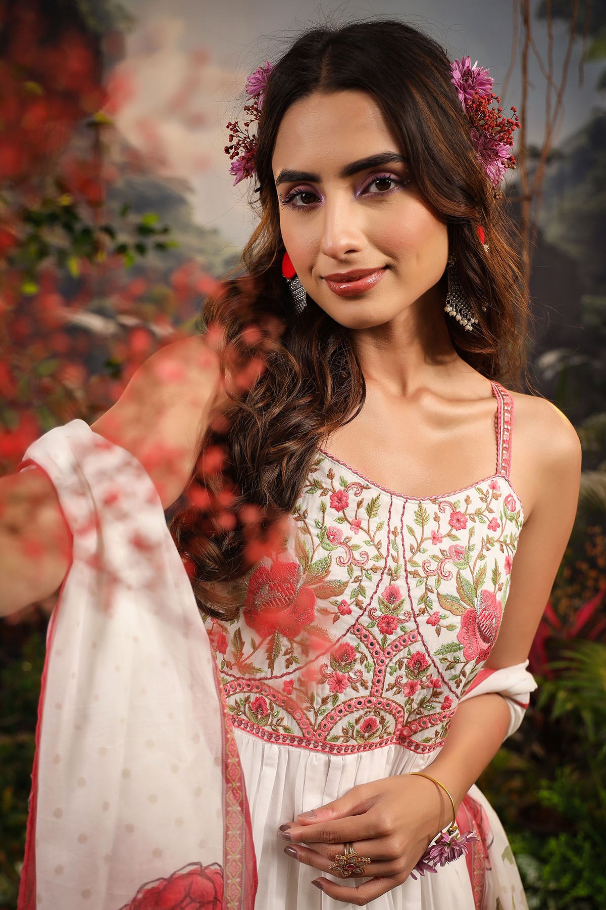 White Floral Cotton Gown Set