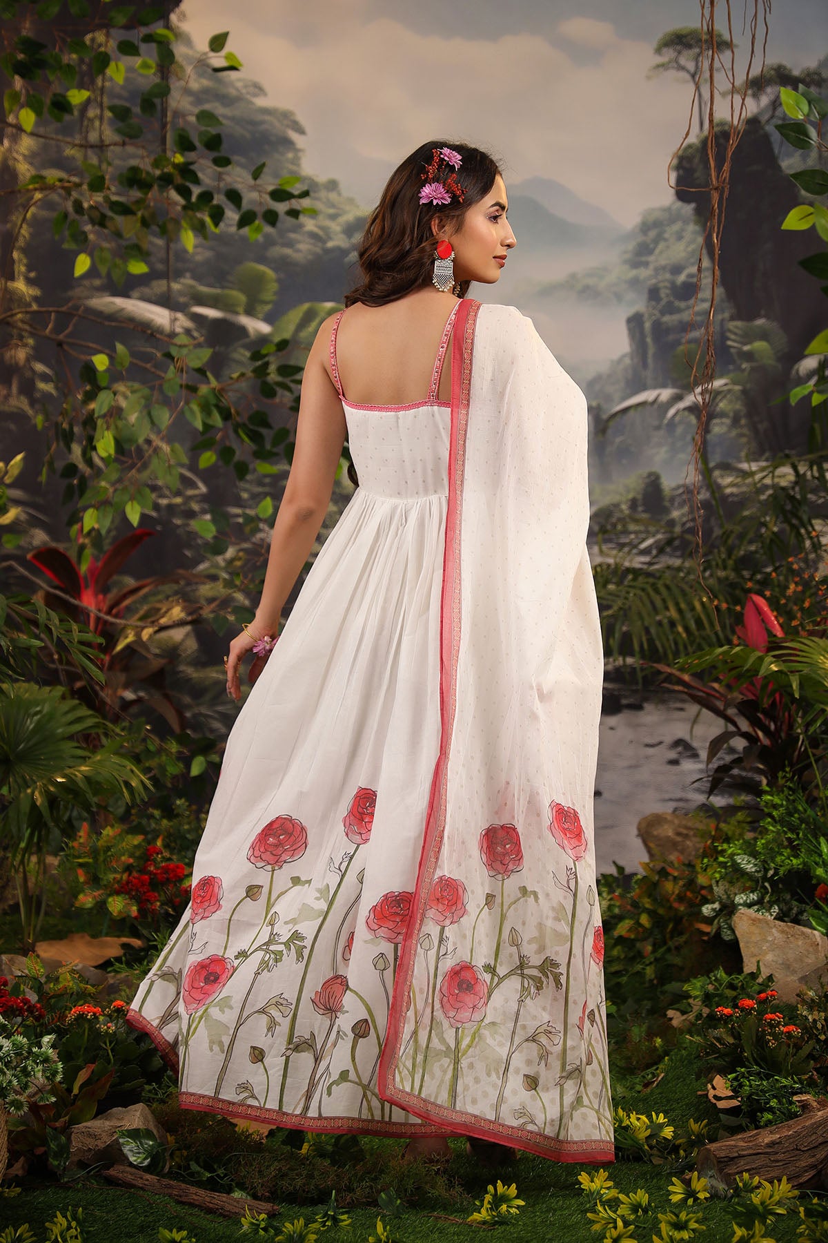 White Floral Cotton Gown Set