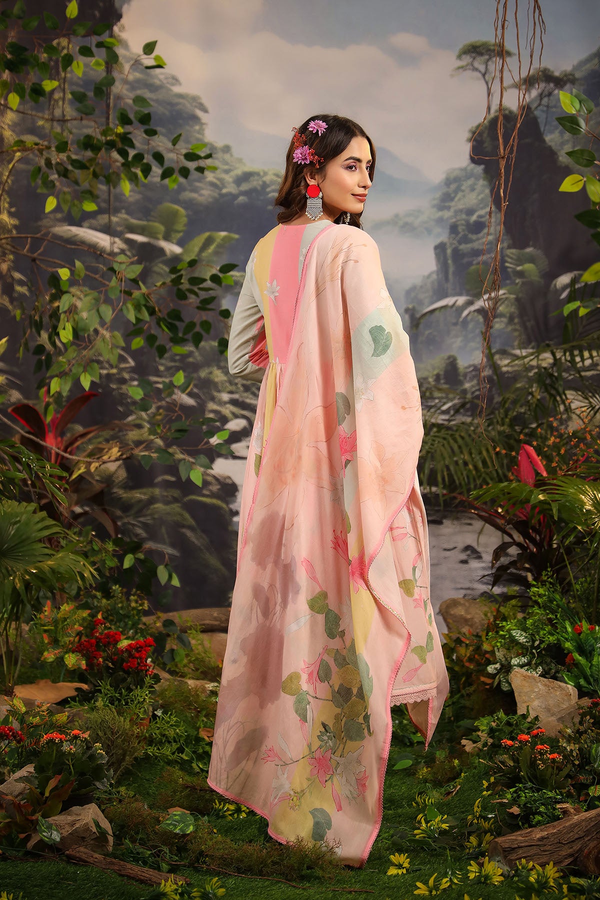 Pink Floral Cotton Printed Anarkali Suit Set