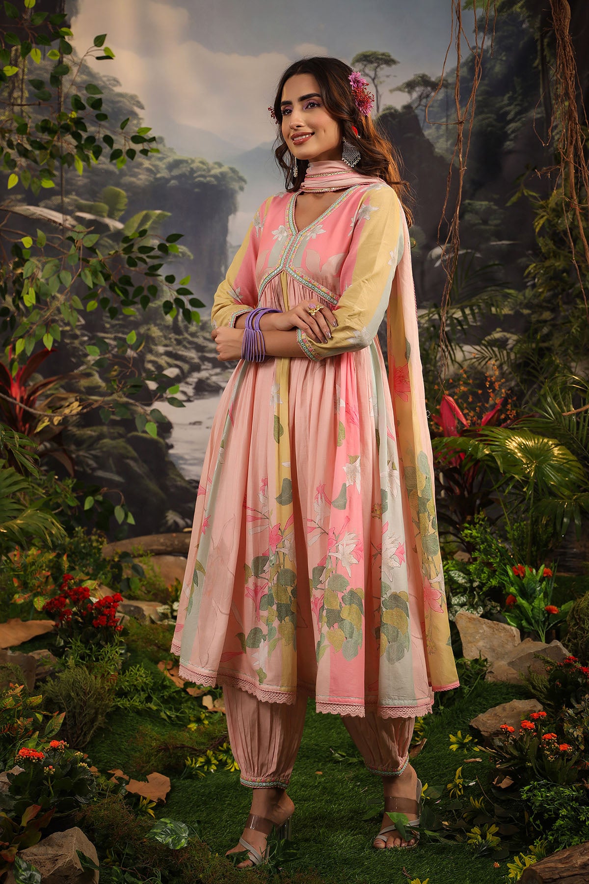 Pink Floral Cotton Printed Anarkali Suit Set
