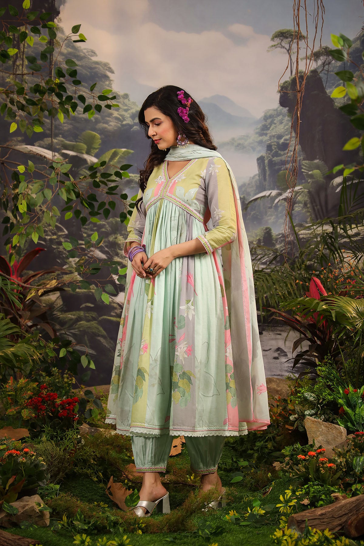 Green Floral Cotton Printed Anarkali Suit