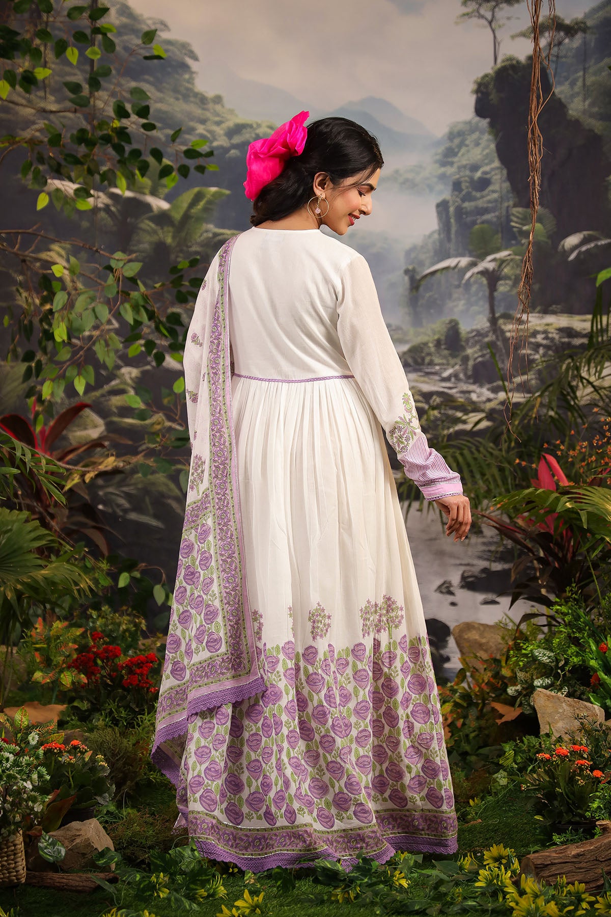 White & Lavender Cotton Printed Gown Set