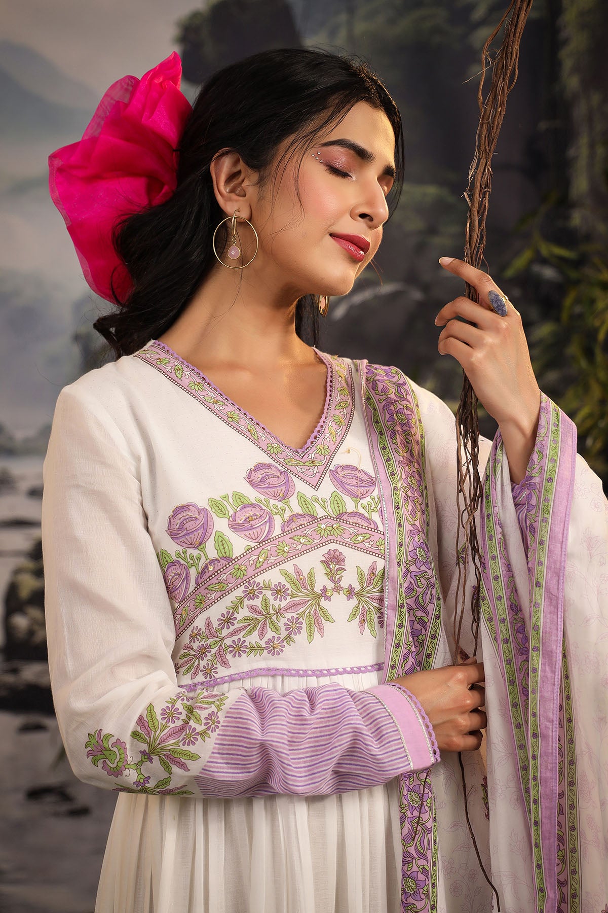 White & Lavender Cotton Printed Gown Set