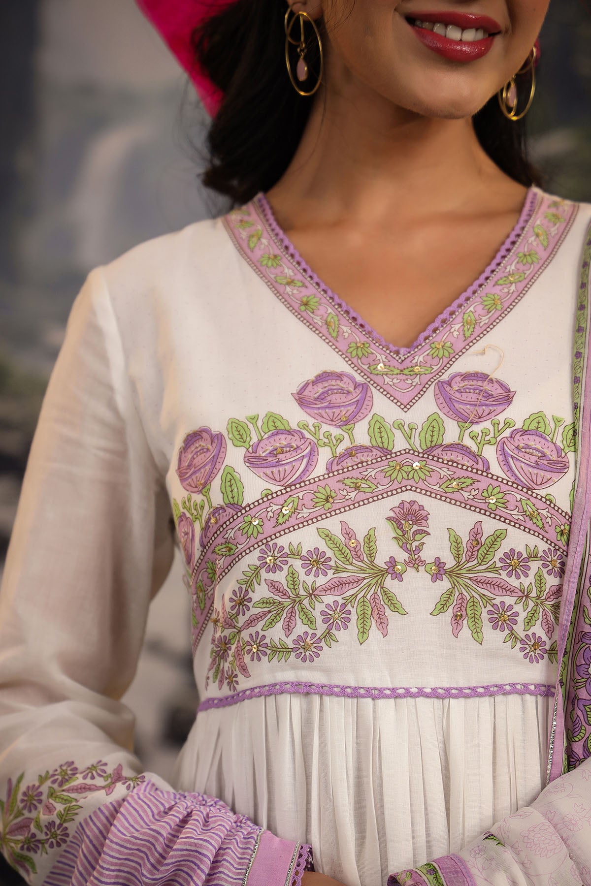 White & Lavender Cotton Printed Gown Set
