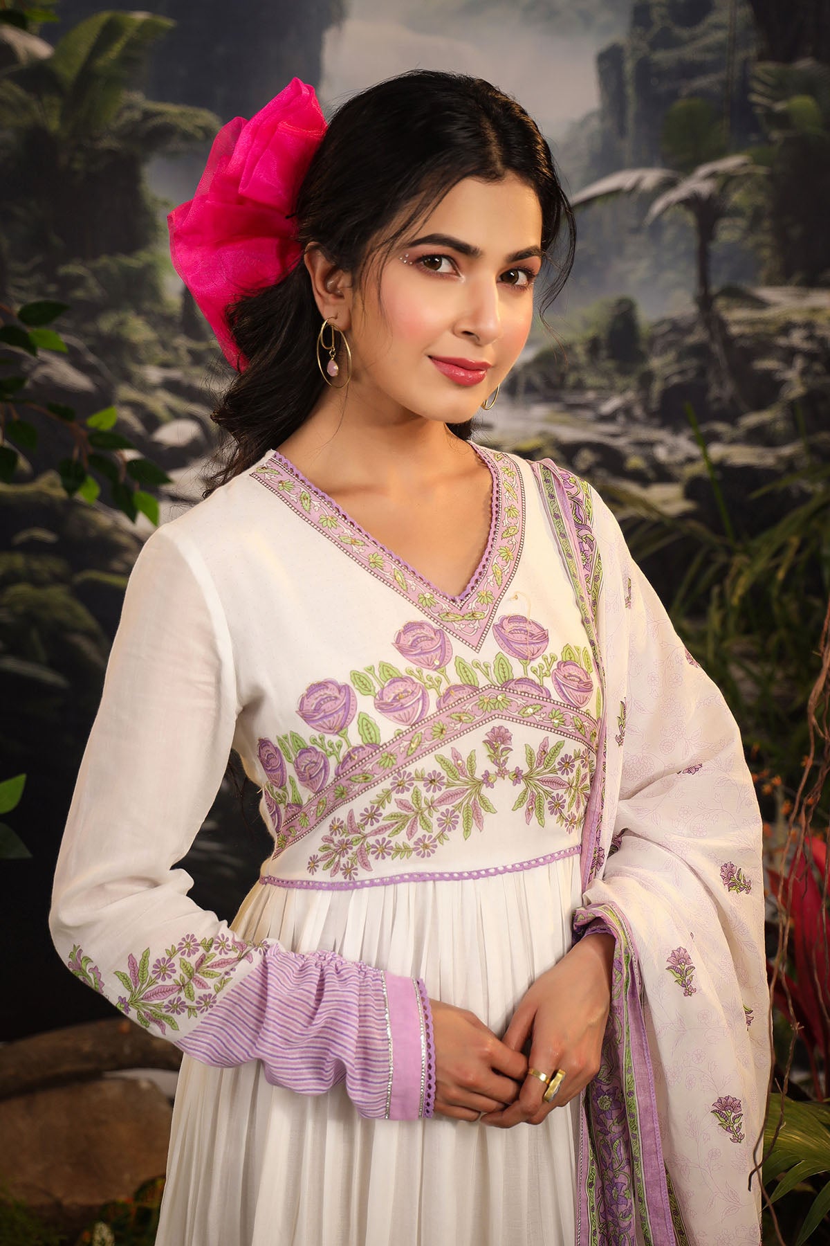 White & Lavender Cotton Printed Gown Set