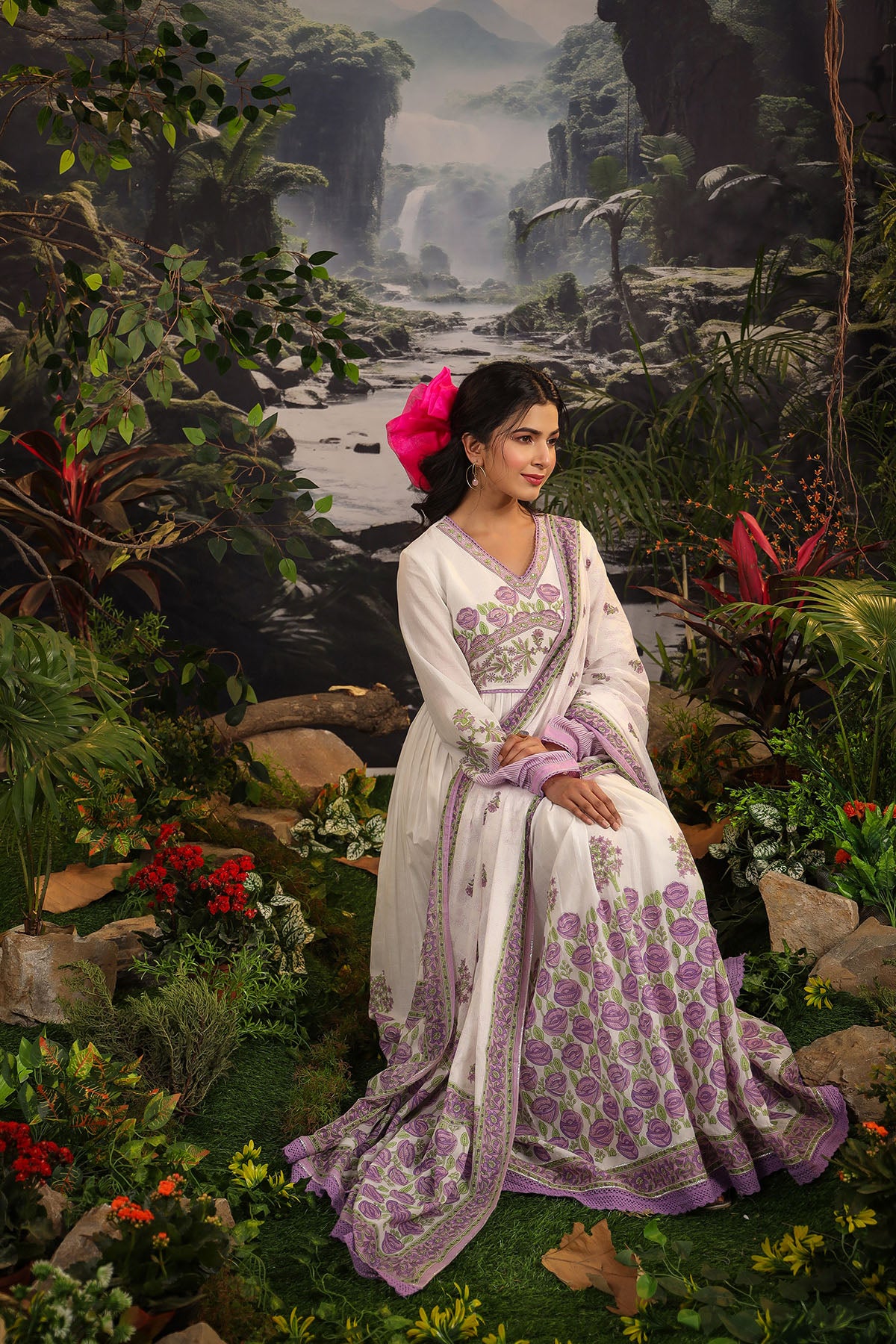 White & Lavender Cotton Printed Gown Set