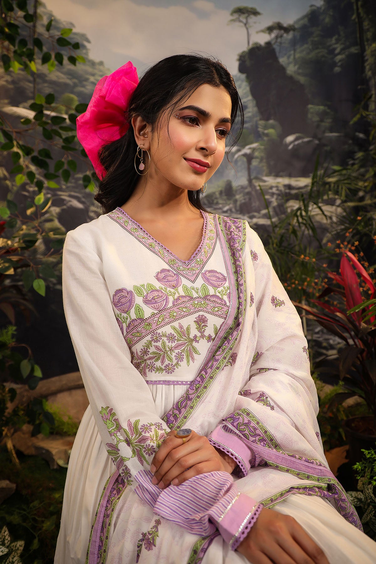 White & Lavender Cotton Printed Gown Set