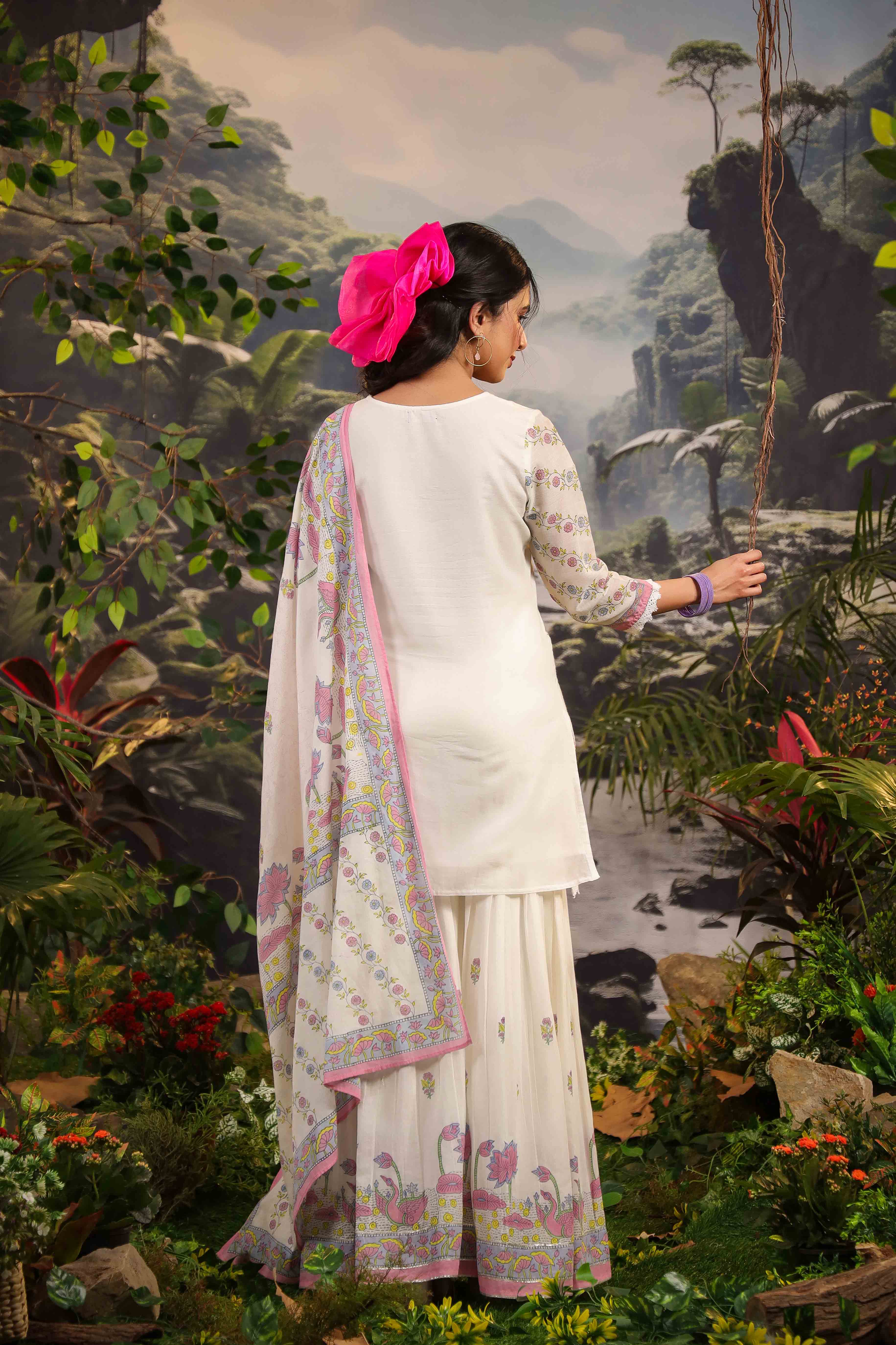 White & Pink Cotton Printed Sharara Set