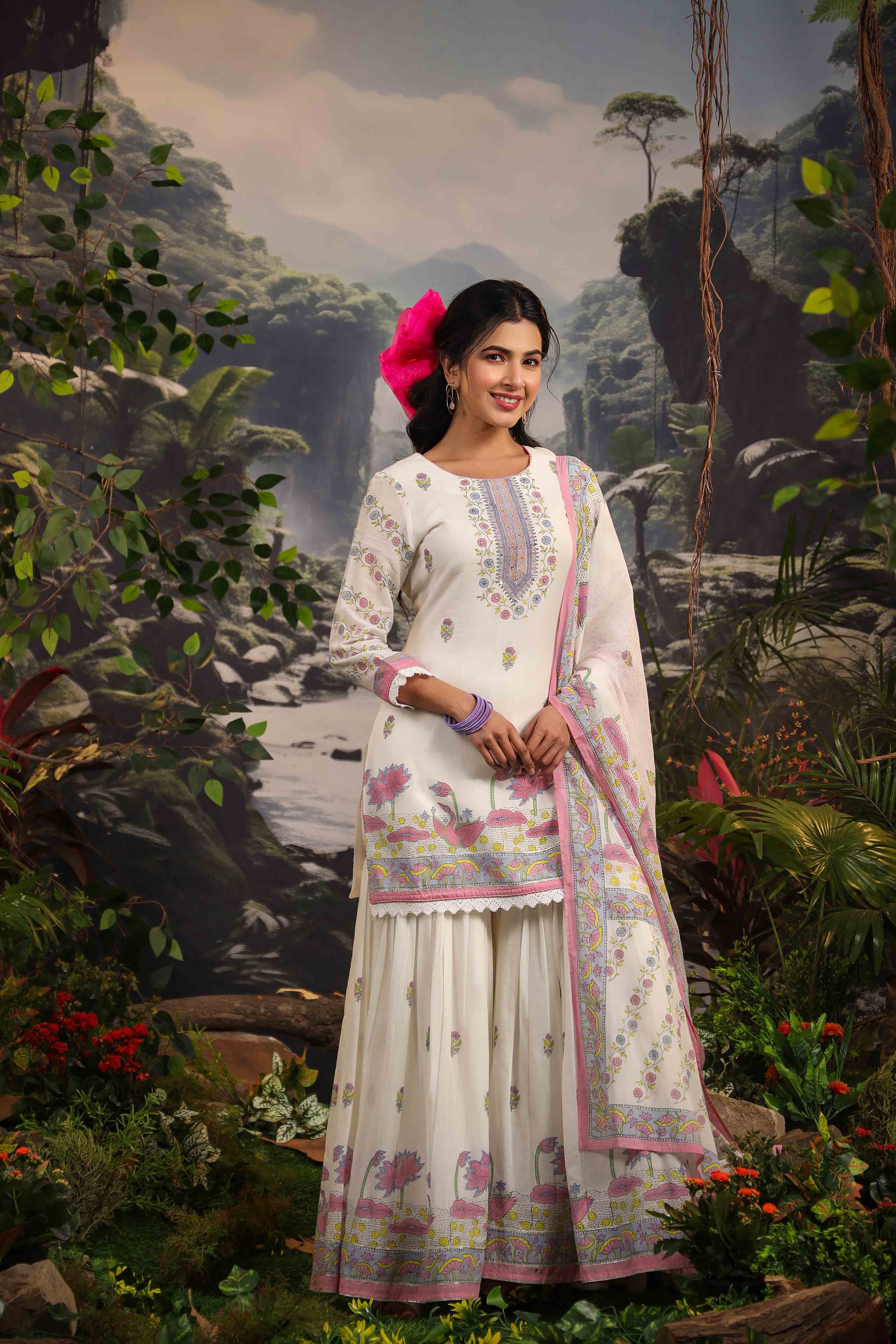 White & Pink Cotton Printed Sharara Set