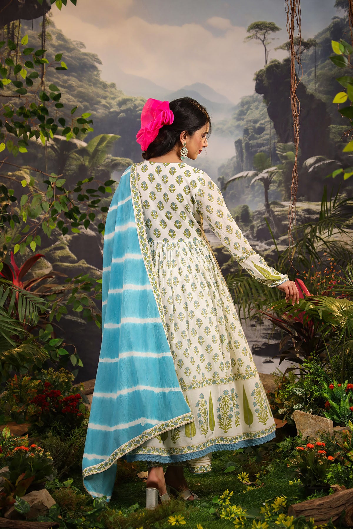 White & Blue Cotton Handwork Anarkali Suit