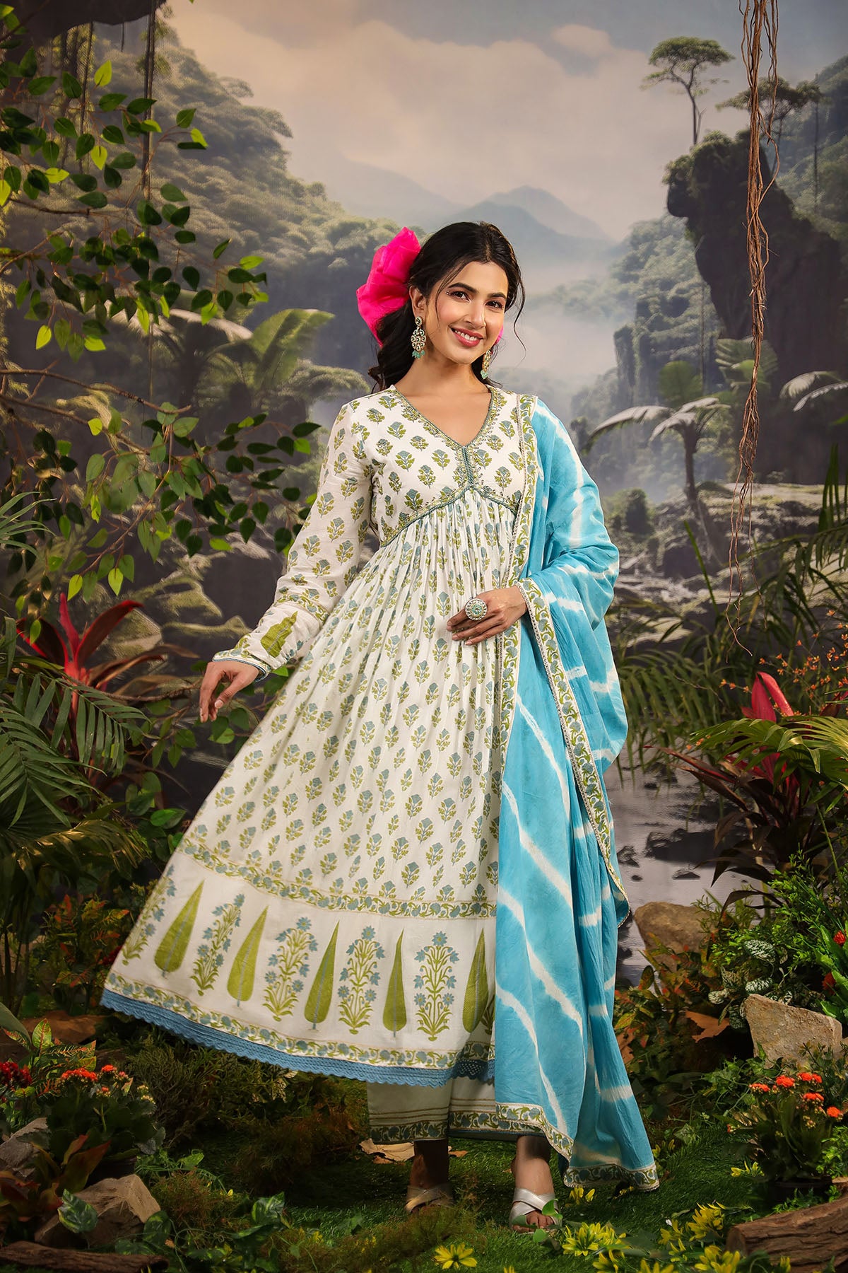 White & Blue Cotton Handwork Anarkali Suit