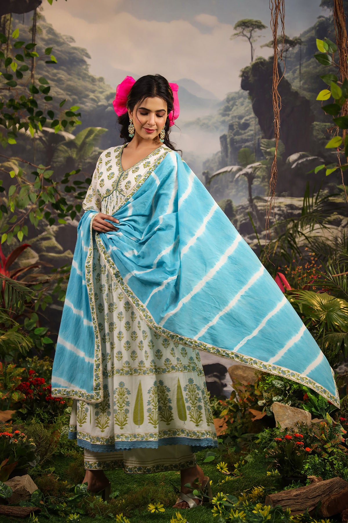 White & Blue Cotton Handwork Anarkali Suit