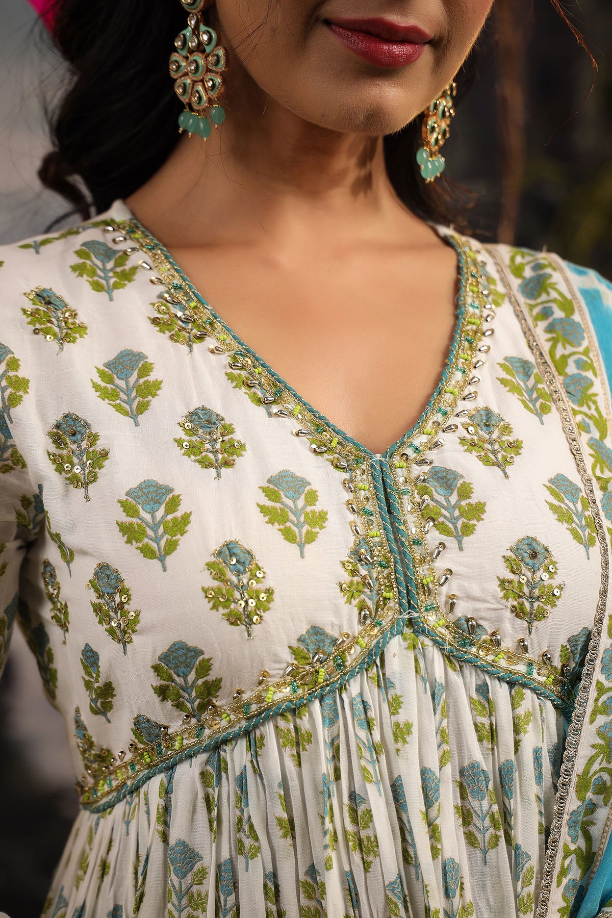 White & Blue Cotton Handwork Anarkali Suit