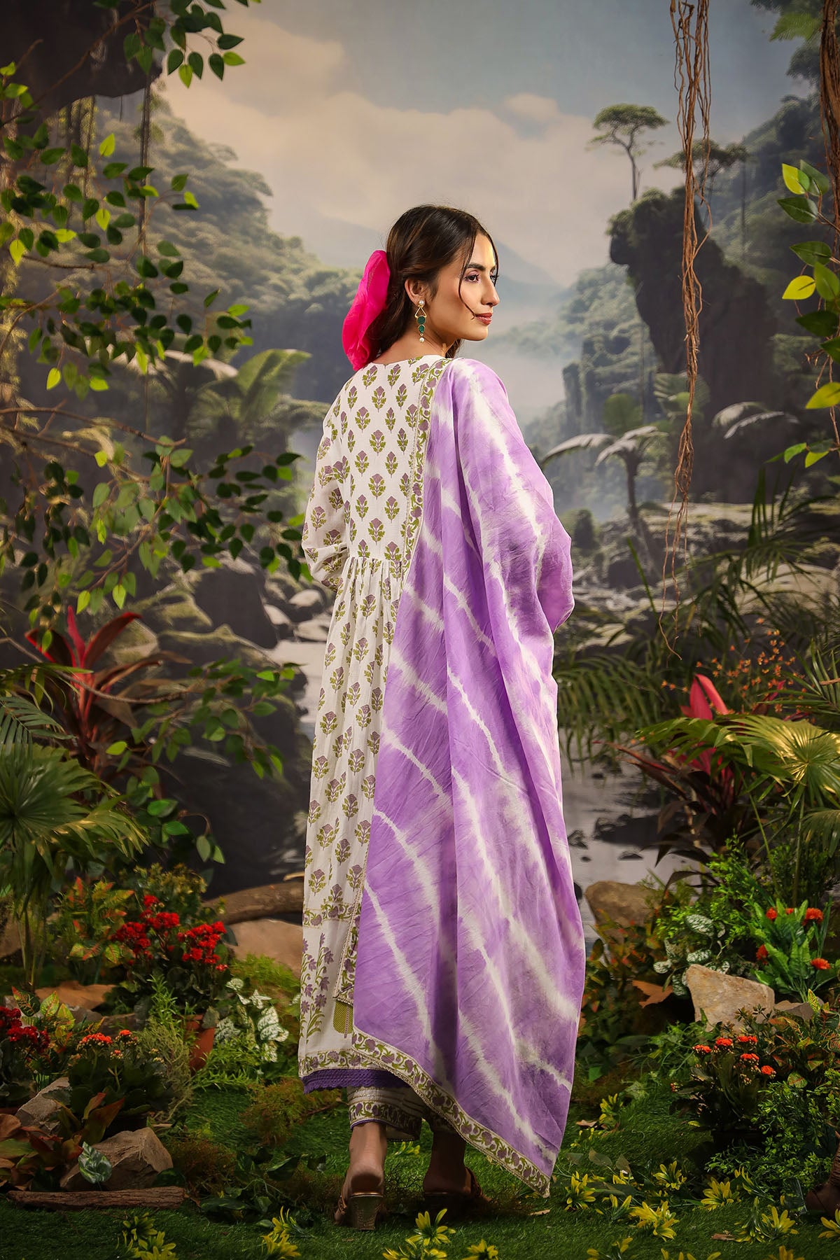 White & Green Cotton Handwork Anarkali Suit