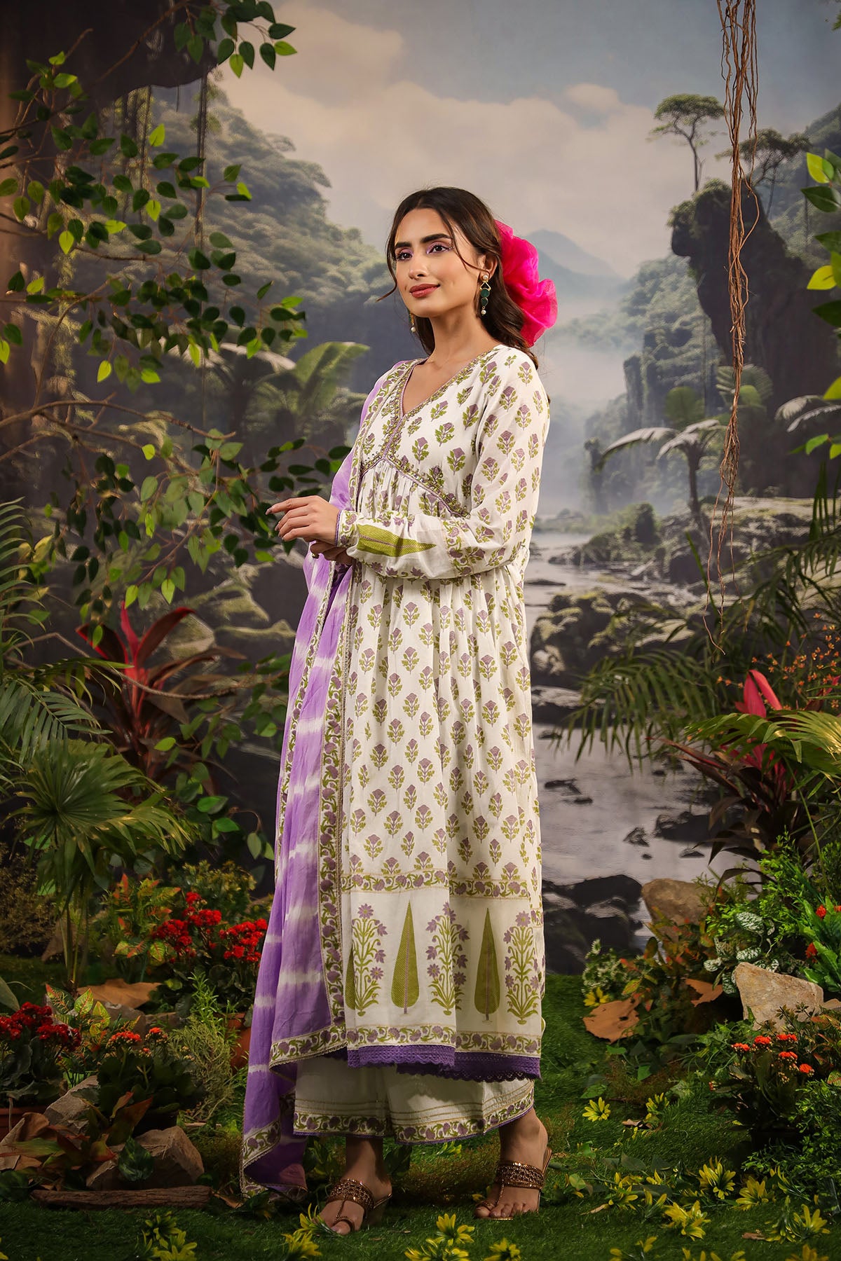 White & Green Cotton Handwork Anarkali Suit