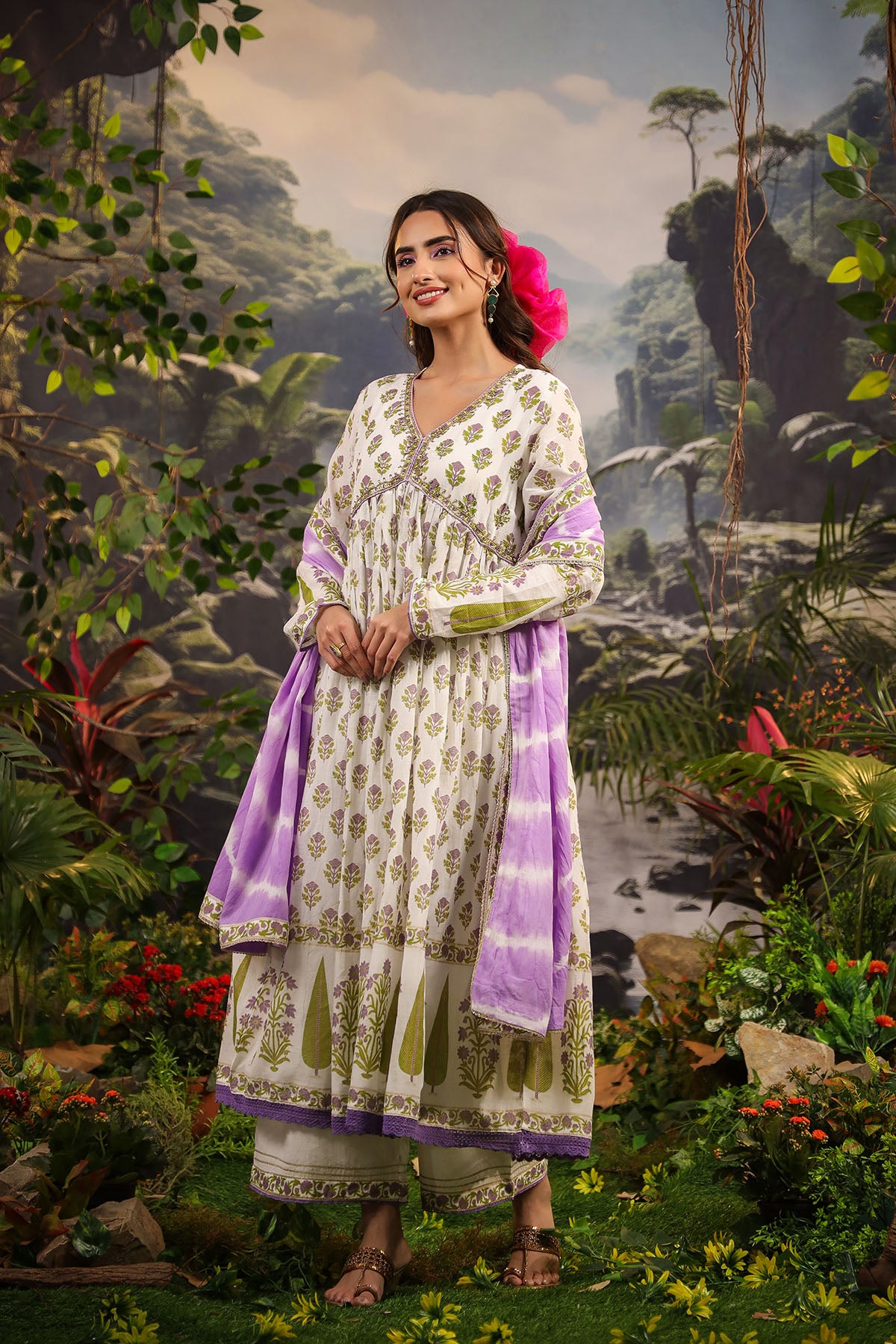 White & Green Cotton Handwork Anarkali Suit