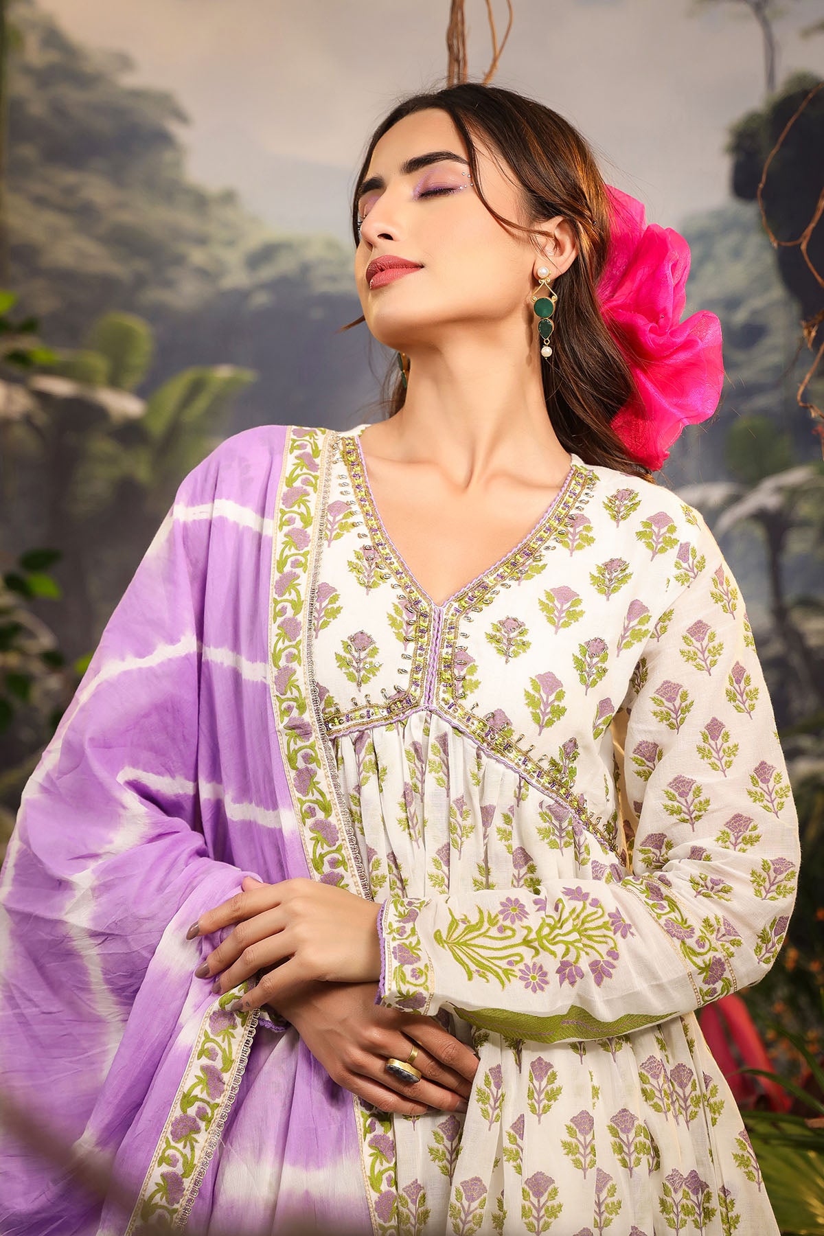 White & Green Cotton Handwork Anarkali Suit