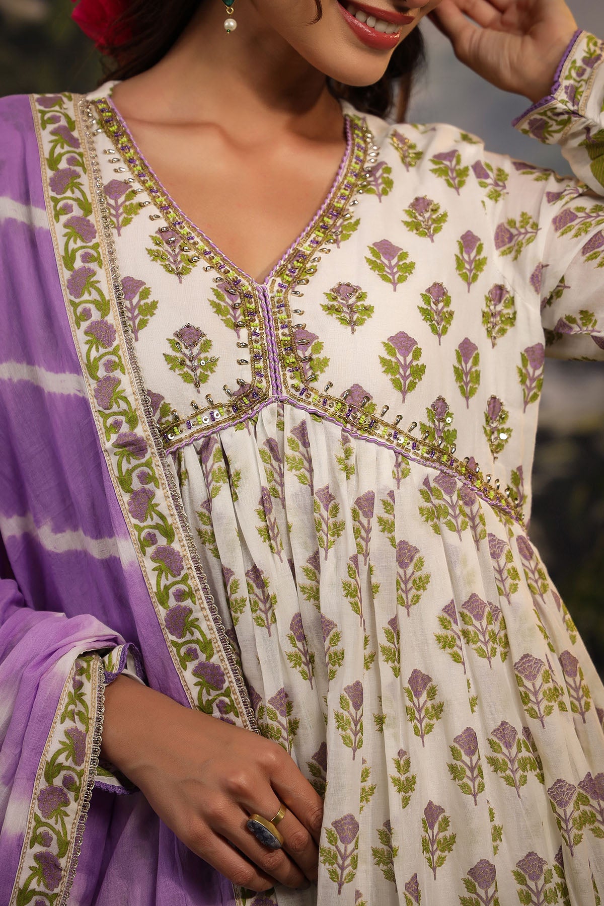 White & Green Cotton Handwork Anarkali Suit
