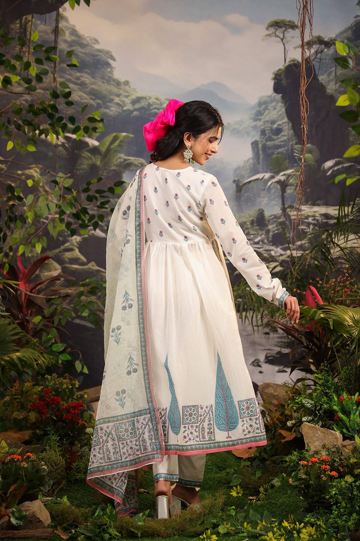White & Blue Cotton Printed Anarkali Suit