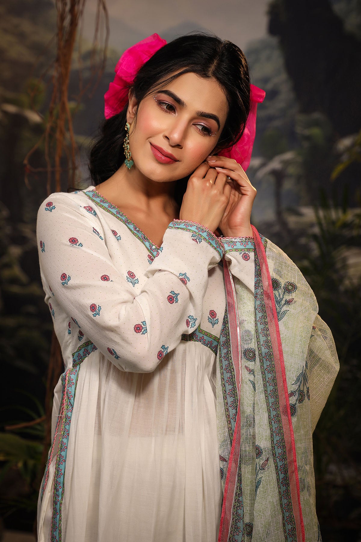 White & Blue Cotton Printed Anarkali Suit