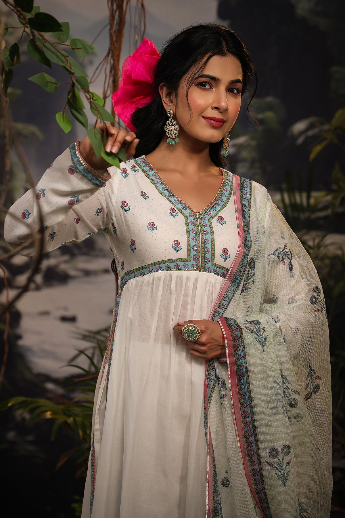 White & Blue Cotton Printed Anarkali Suit