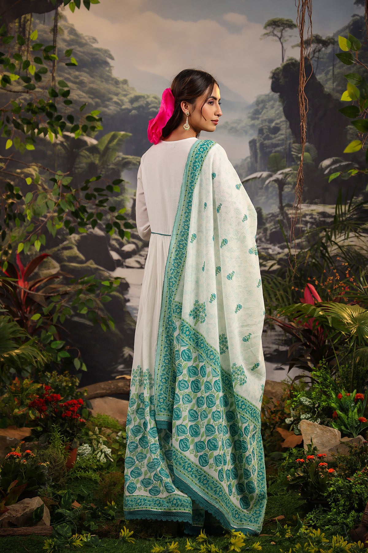 White & Green Cotton Printed Gown Set
