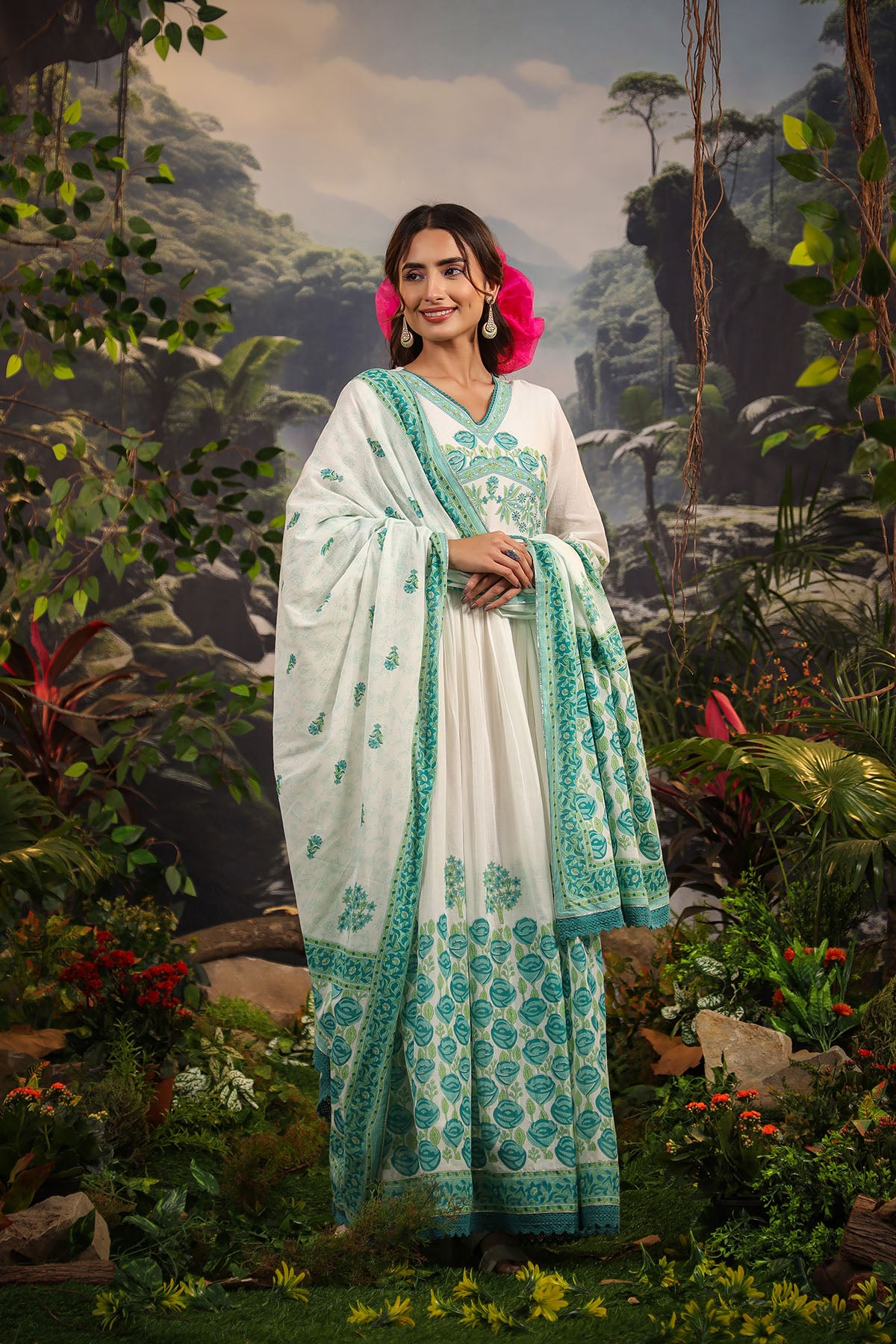 White & Green Cotton Printed Gown Set