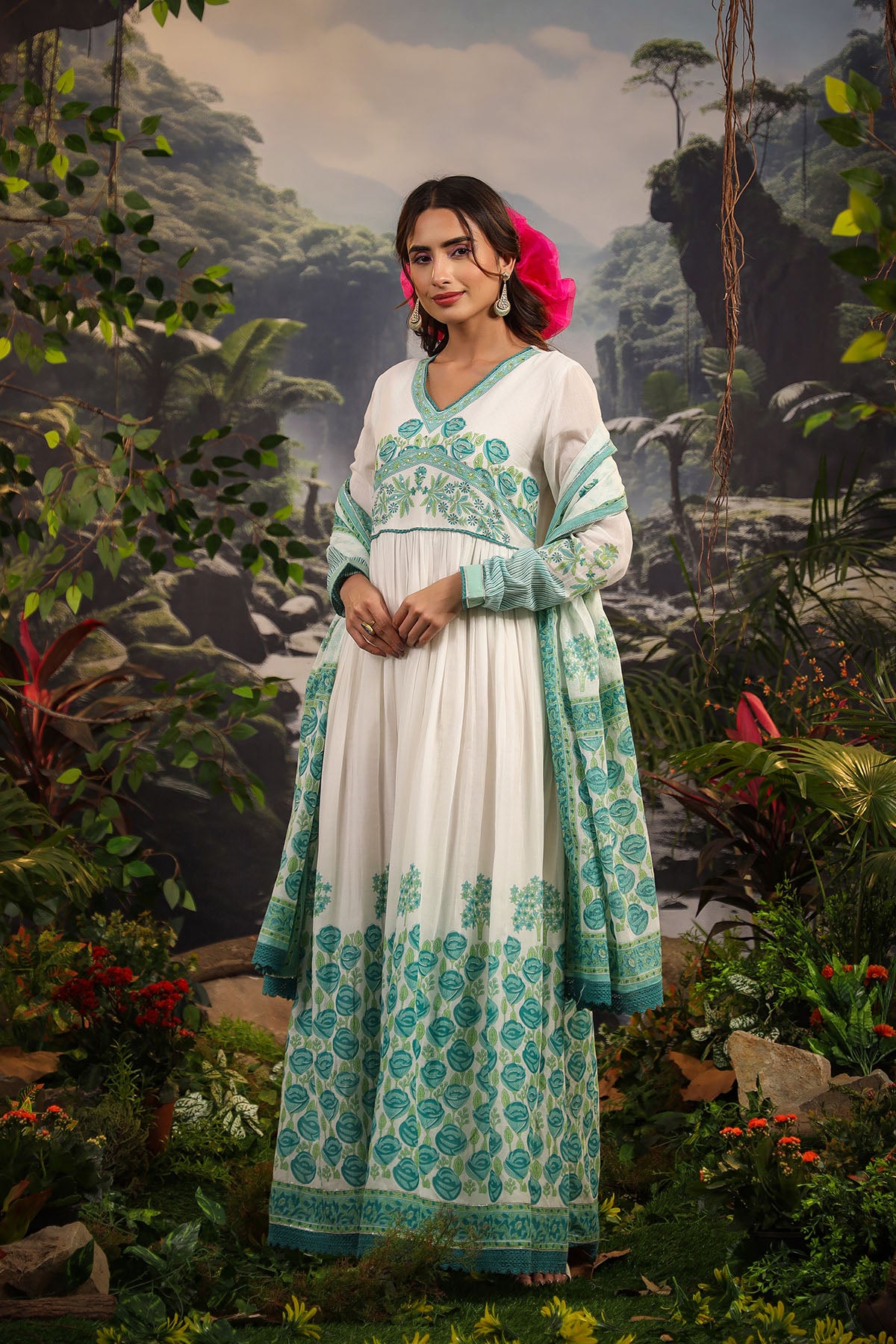White & Green Cotton Printed Gown Set