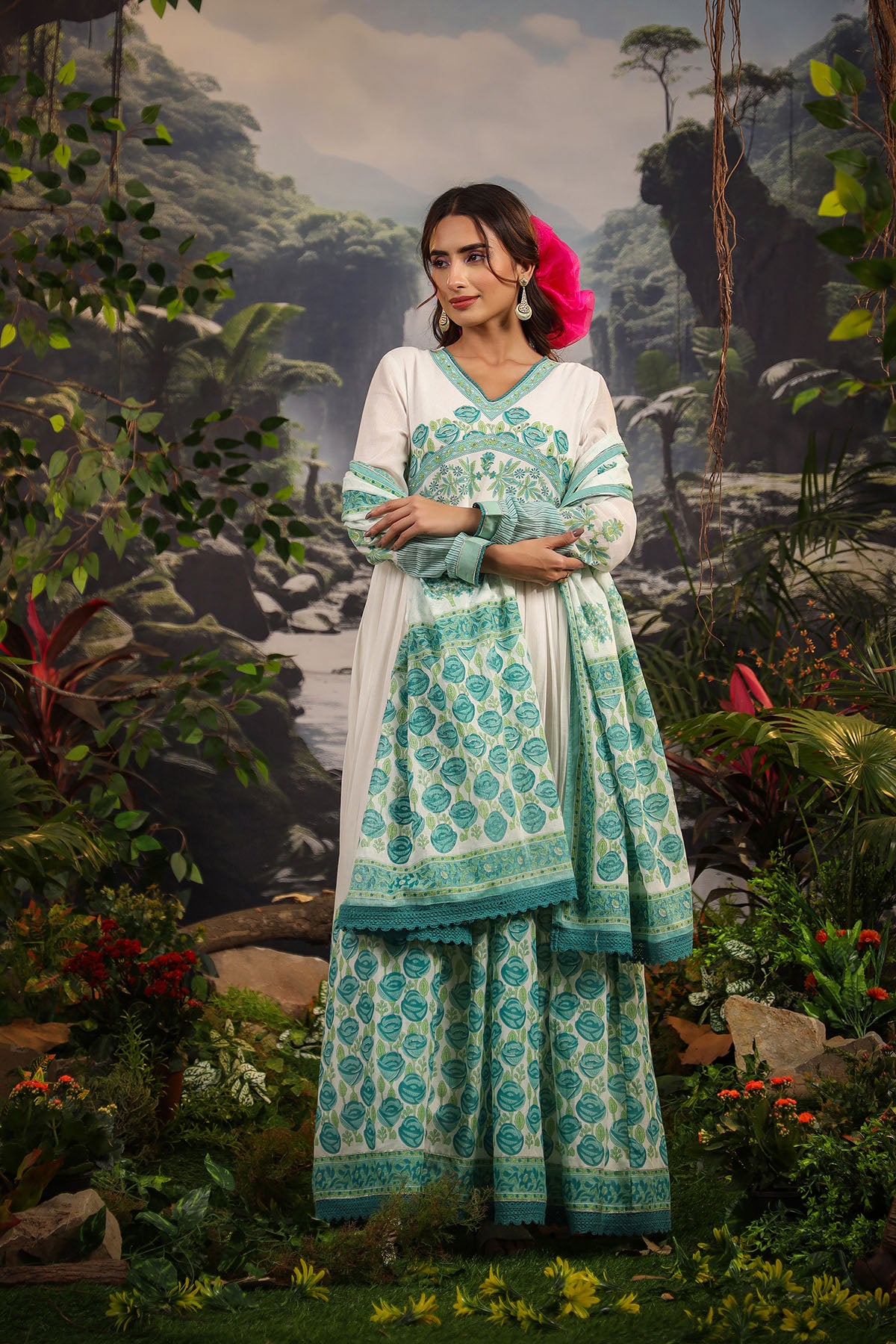 White & Green Cotton Printed Gown Set