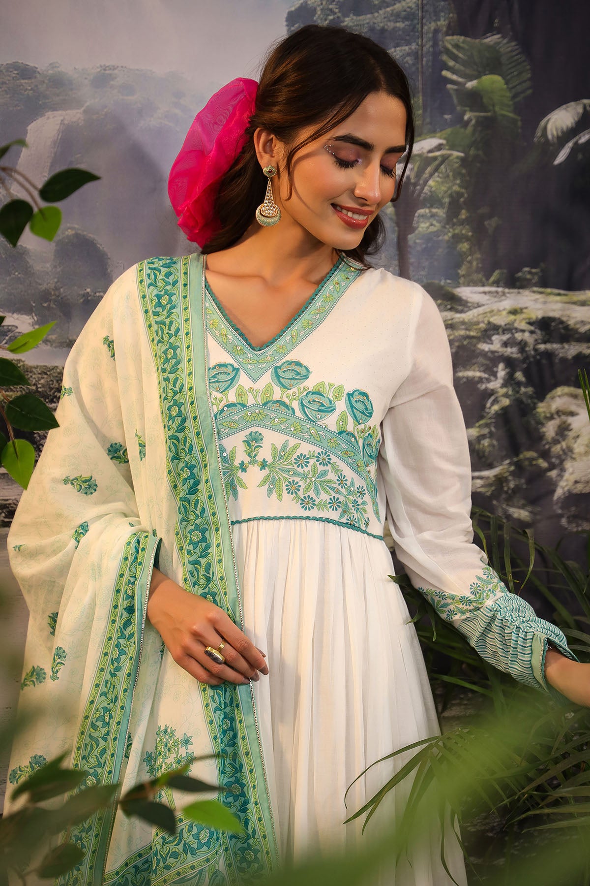 White & Green Cotton Printed Gown Set