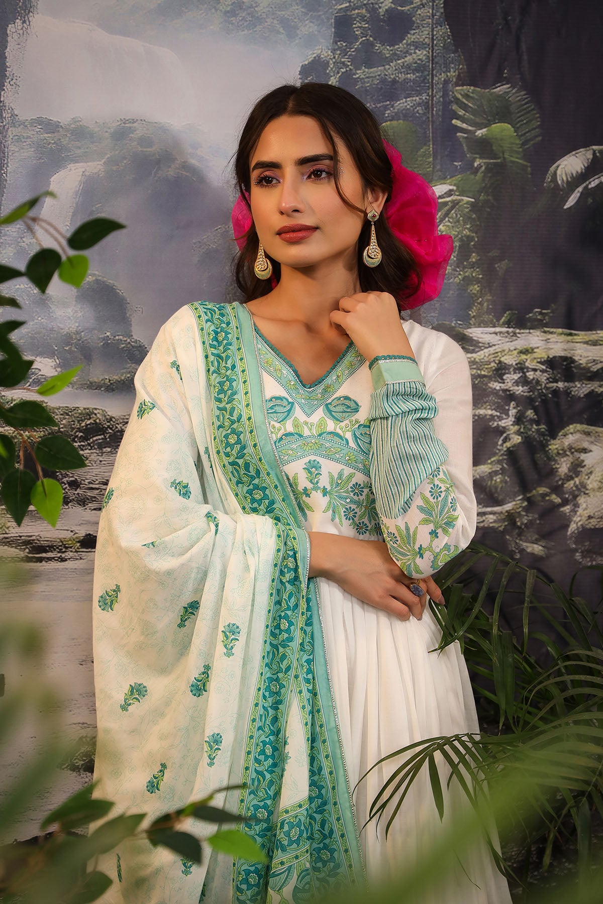 White & Green Cotton Printed Gown Set