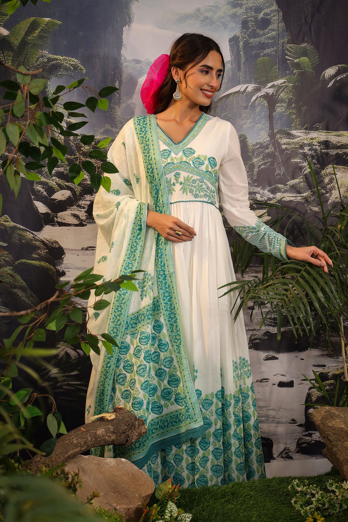White & Green Cotton Printed Gown Set