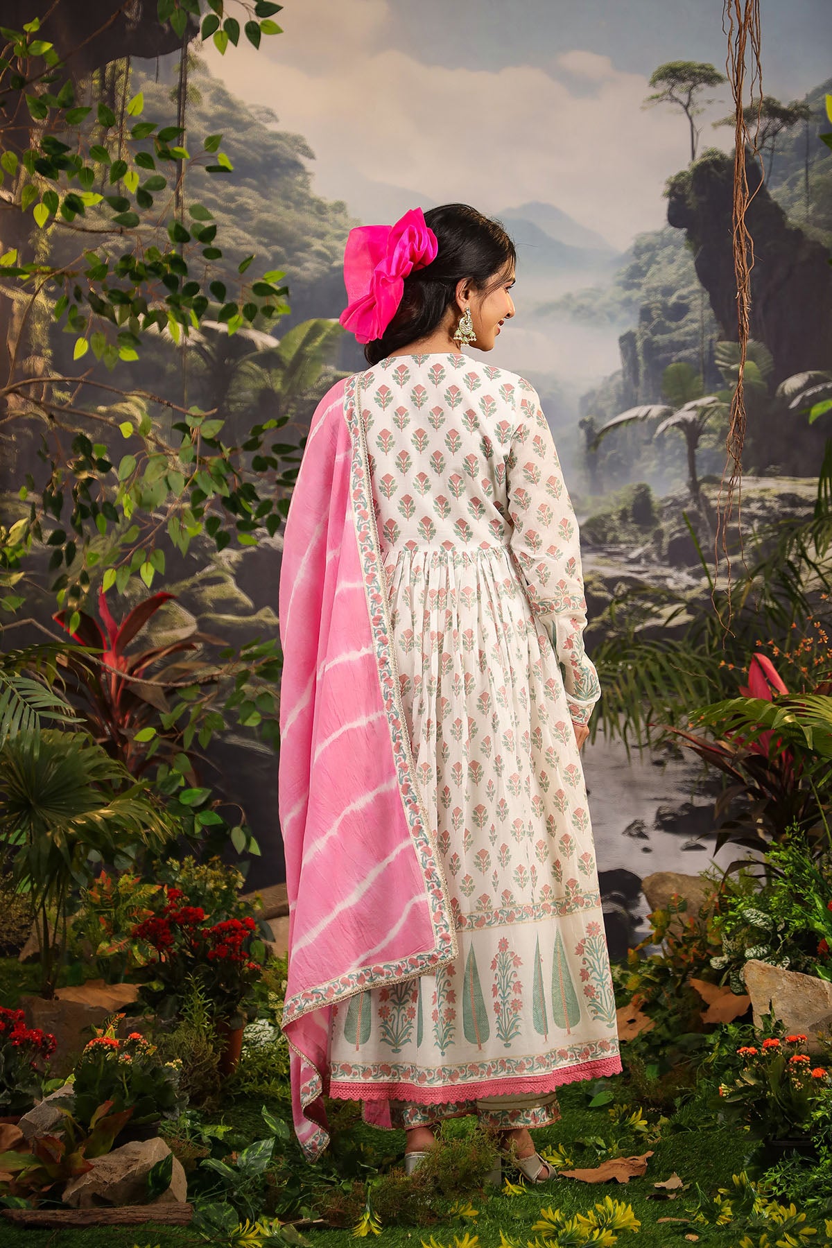 White & Pink Cotton Handwork Anarkali Set