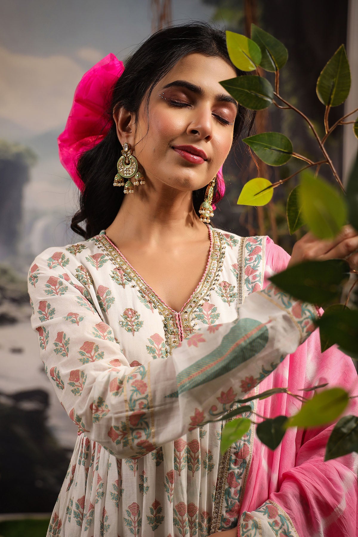 White & Pink Cotton Handwork Anarkali Set