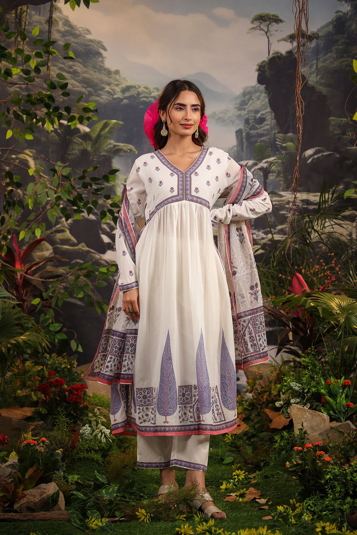White & Purple Cotton Printed Anarkali Suit