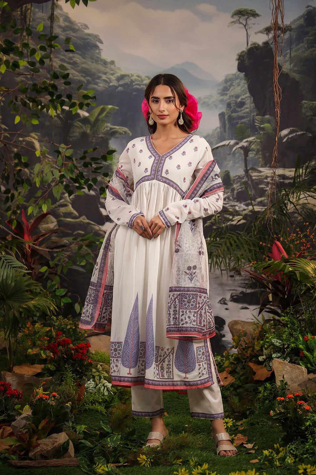 White & Purple Cotton Printed Anarkali Suit