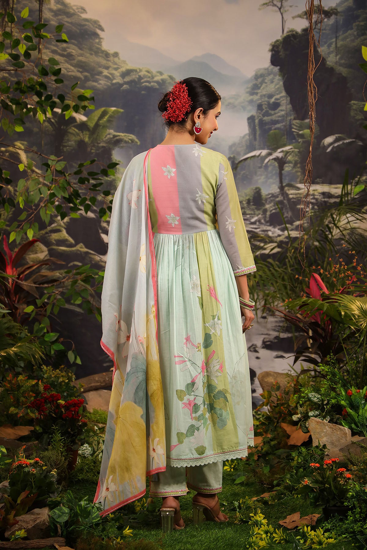 Green Floral Cotton Embroidered Anarkali Suit