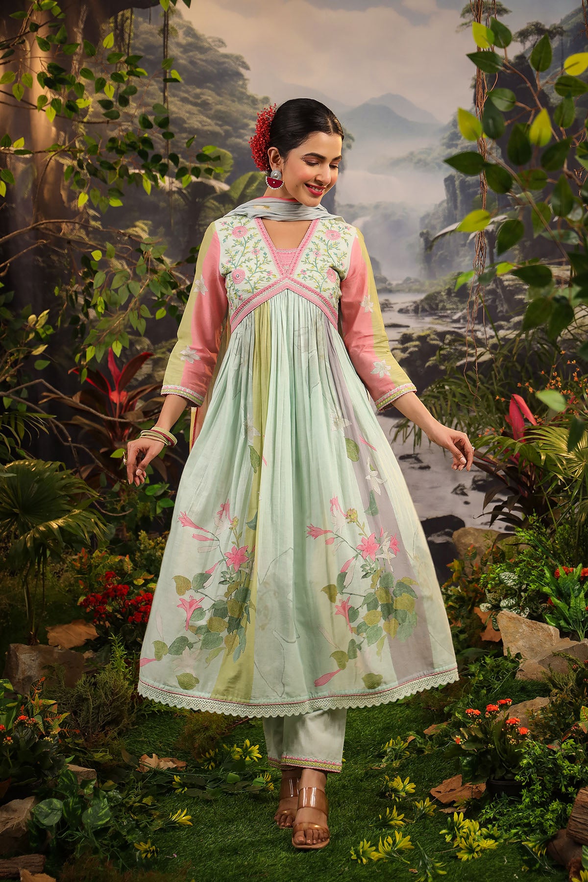 Green Floral Cotton Embroidered Anarkali Suit