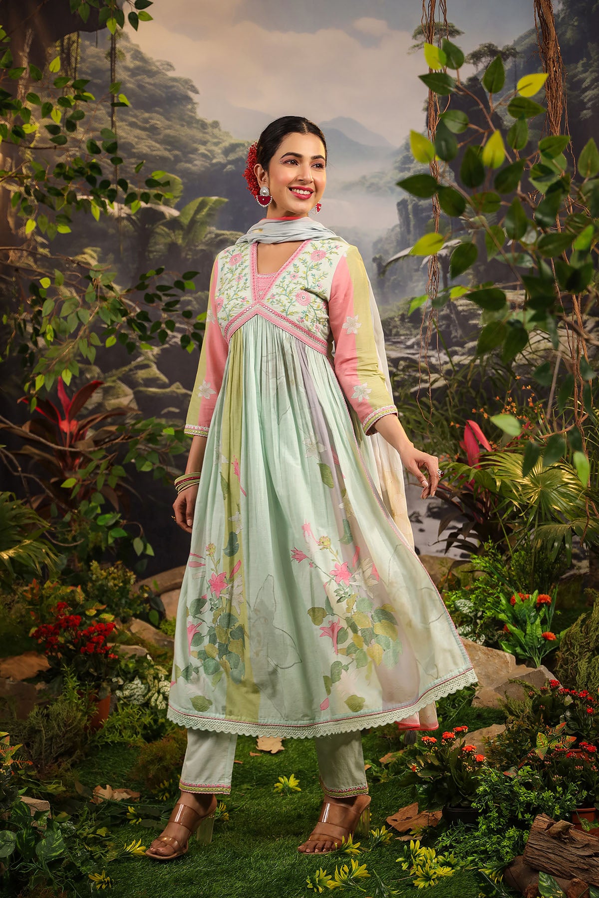 Green Floral Cotton Embroidered Anarkali Suit
