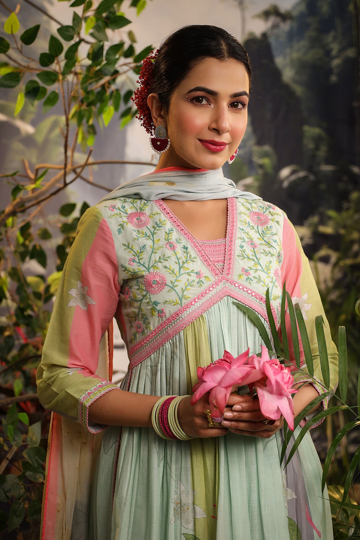 Green Floral Cotton Embroidered Anarkali Suit