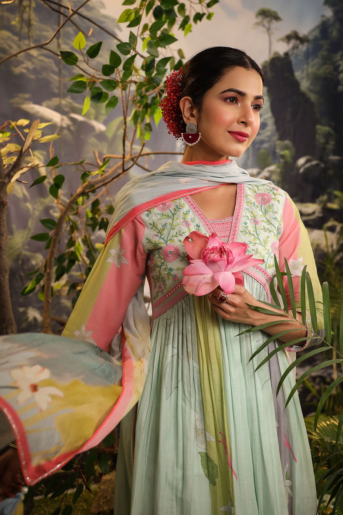 Green Floral Cotton Embroidered Anarkali Suit