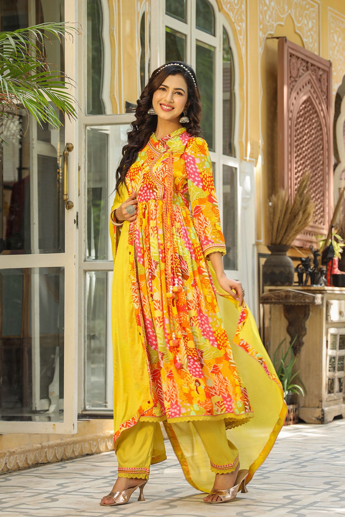 Yellow Multicolor Viscose Crepe Anarkali Suit