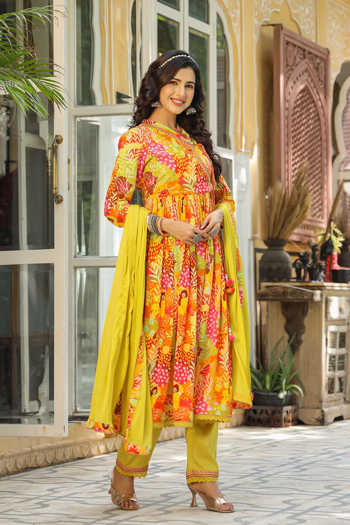 Yellow Multicolor Viscose Crepe Anarkali Suit