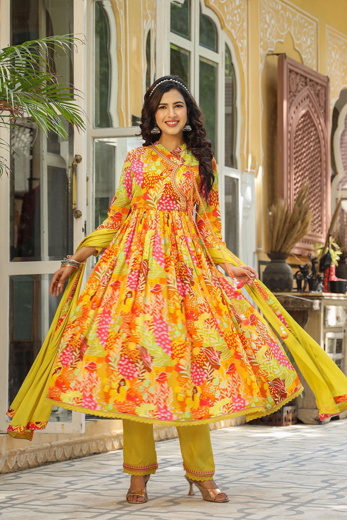 Yellow Multicolor Viscose Crepe Anarkali Suit
