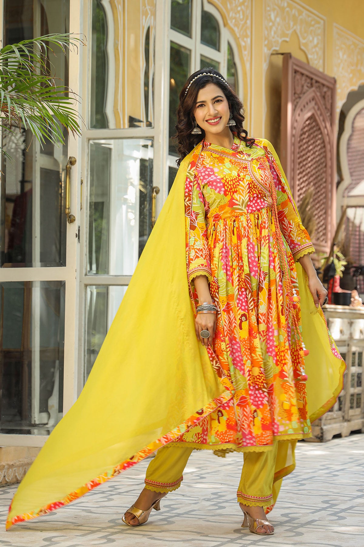 Yellow Multicolor Viscose Crepe Anarkali Suit