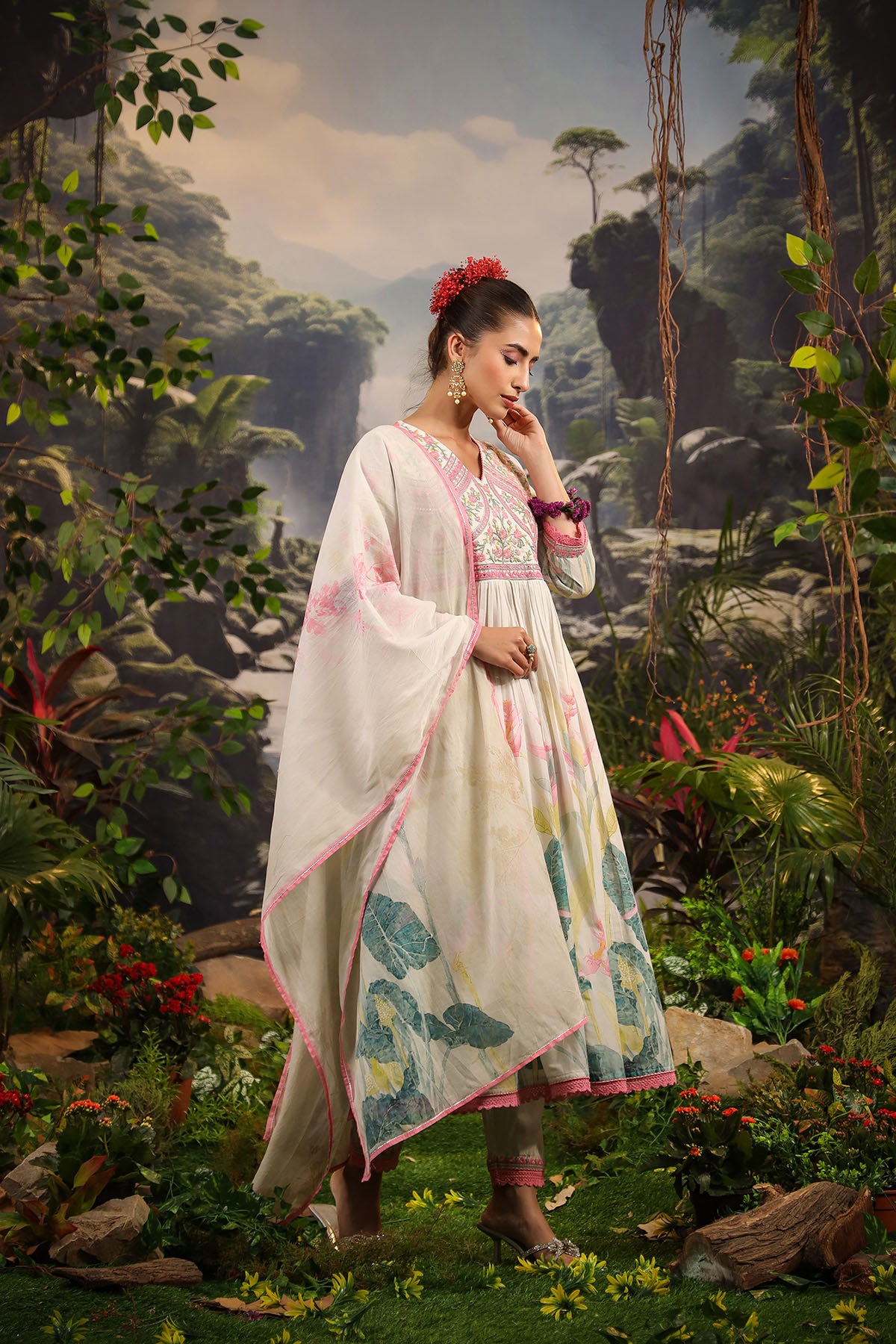 White Floral Cotton Embroidered Anarkali Suit