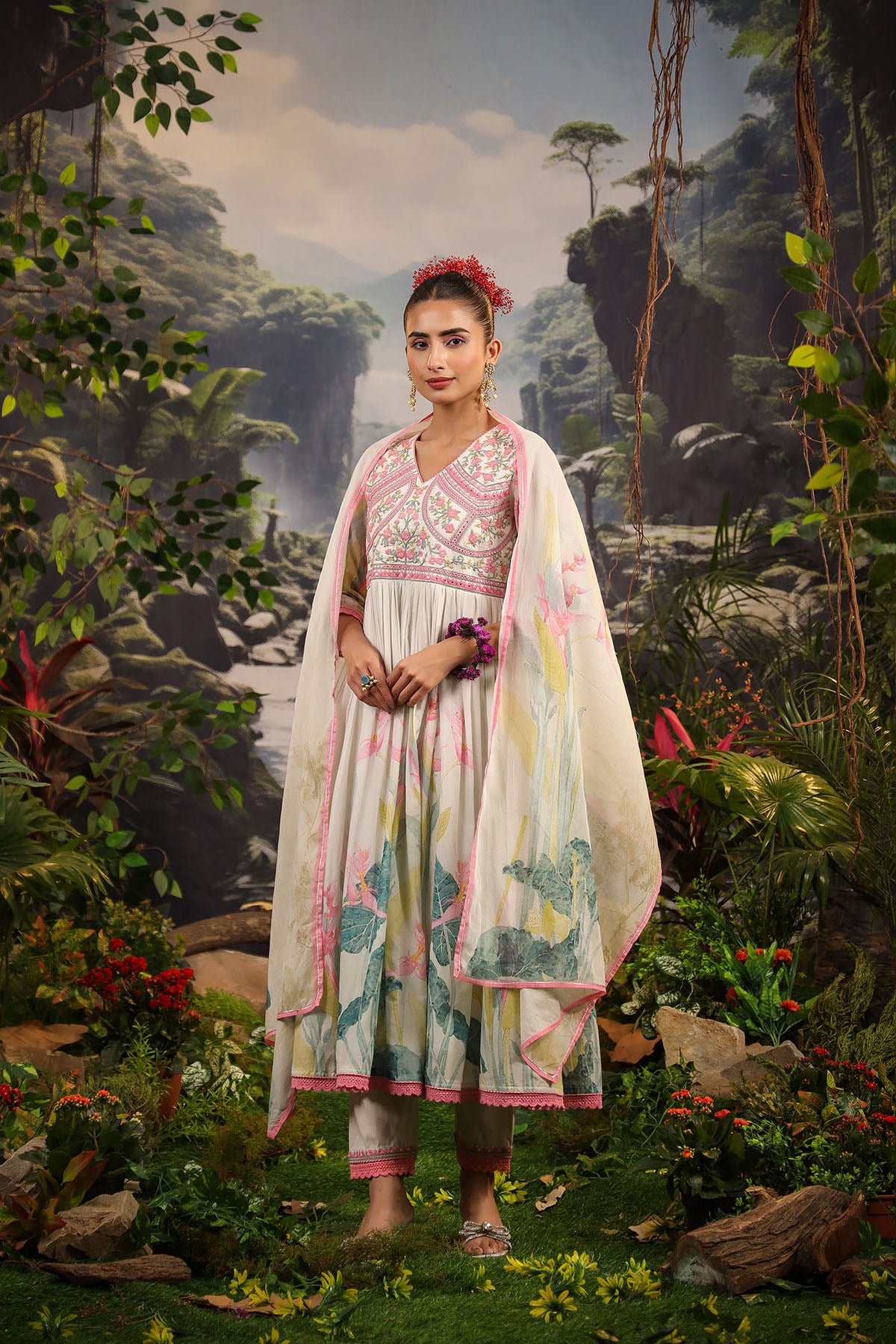 White Floral Cotton Embroidered Anarkali Suit